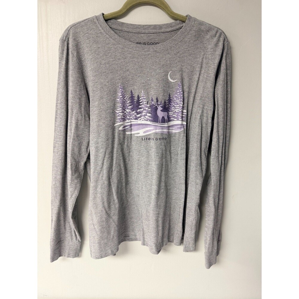 Life Is Good Womens Large Gray Crusher Tee Deer Winter Forest Long Sleeve Shirt